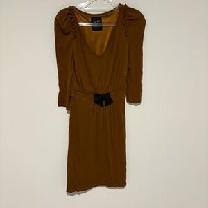 Zara 3/4 Sleeve V Neck Ruffle Dress Black Bow brown size small‎